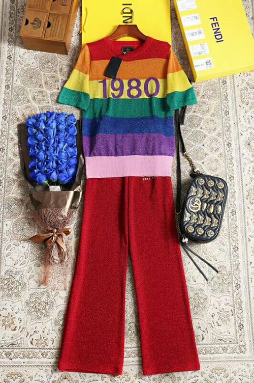 芬迪时尚超薄1980彩虹条纹针织上衣+裤子原单套装