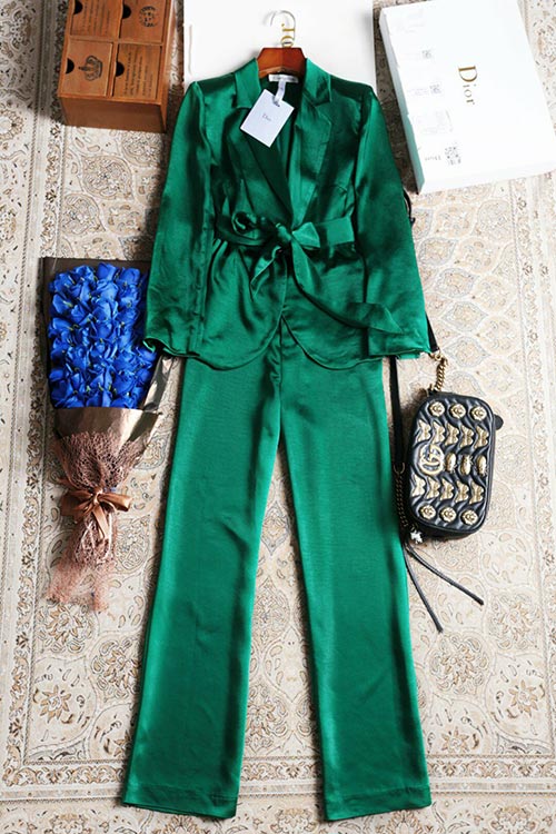 原单正品Dior迪奥西装领系带收腰上衣+裤子时尚套装