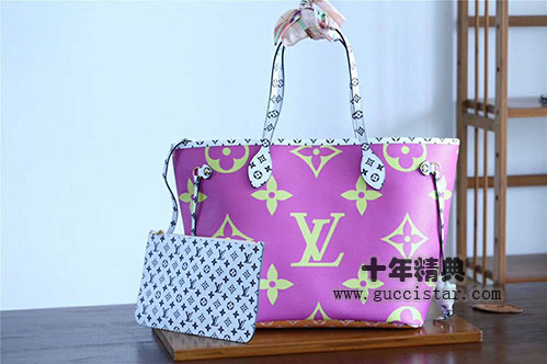lv紫色拼色大字logo丝印neverfull购物袋 M44588