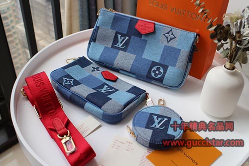 Multi Pochette Accessories手袋蓝格子帆布lv三件套