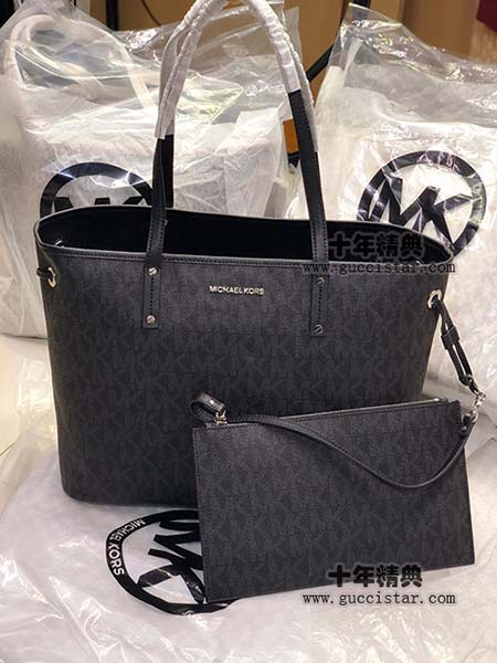 MK购物袋 附手包 经典PVC字母印花 黑白棕